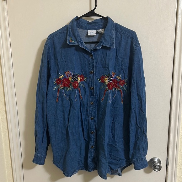 EUC Christmas Festive Embroidered Poinsettia Candle Denim Button Down Shirt - Picture 1 of 4